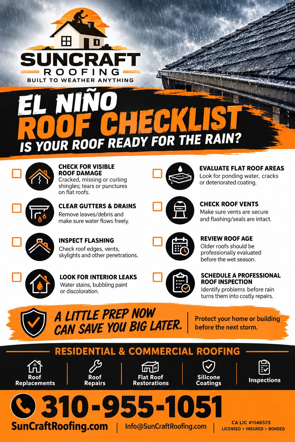 SunCraft Roofing El Niño roof checklist: check for visible roof damage, clear gutters and drains, inspect flashing, look for interior leaks, evaluate flat roof areas, check roof vents, review roof age, and schedule a professional roof inspection.