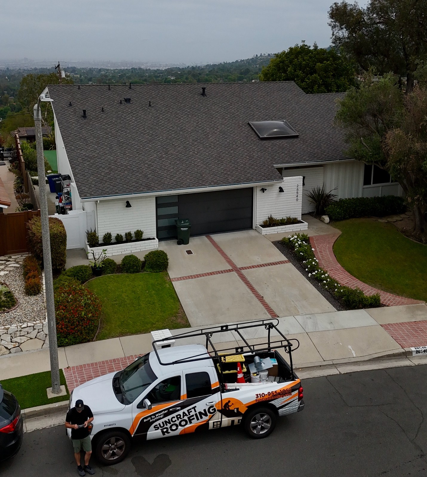 Aerial view of a presidential shingle roof replacement in Rancho Palos Verdes