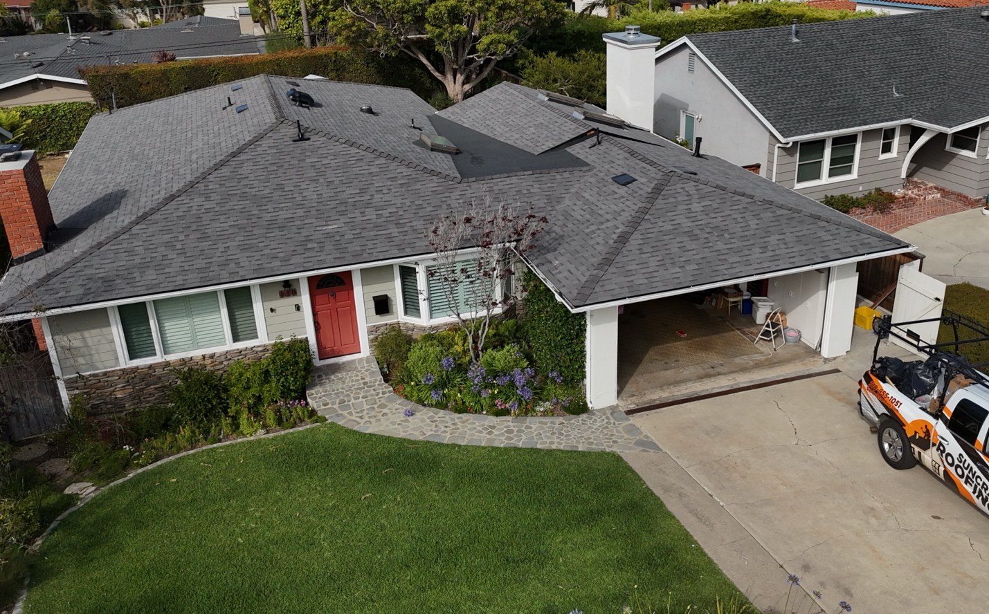 Aerial view of a shingle roof replacement in Redondo Beach
